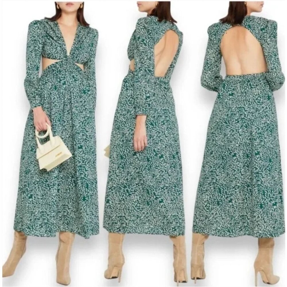 O.P.T. Kimia Maxi Dress L Cotton Green Floral Cut Out Backless Boho Summer Vacat